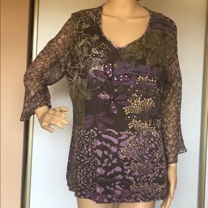Purple print top with shiny beads and chiffon sleeves
